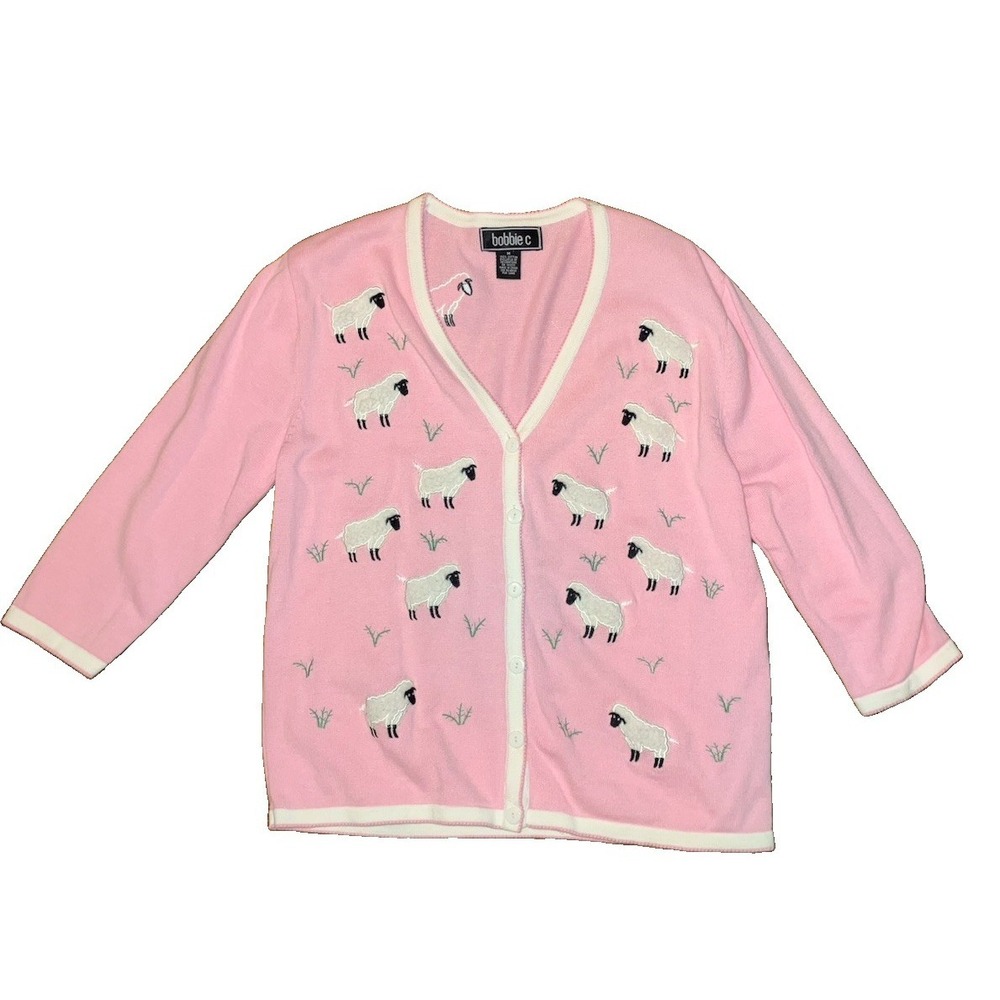 VTG Bobbie C Cardigan Sweater Embroidered Sheep Novelty Sz L Pink Grandmacore